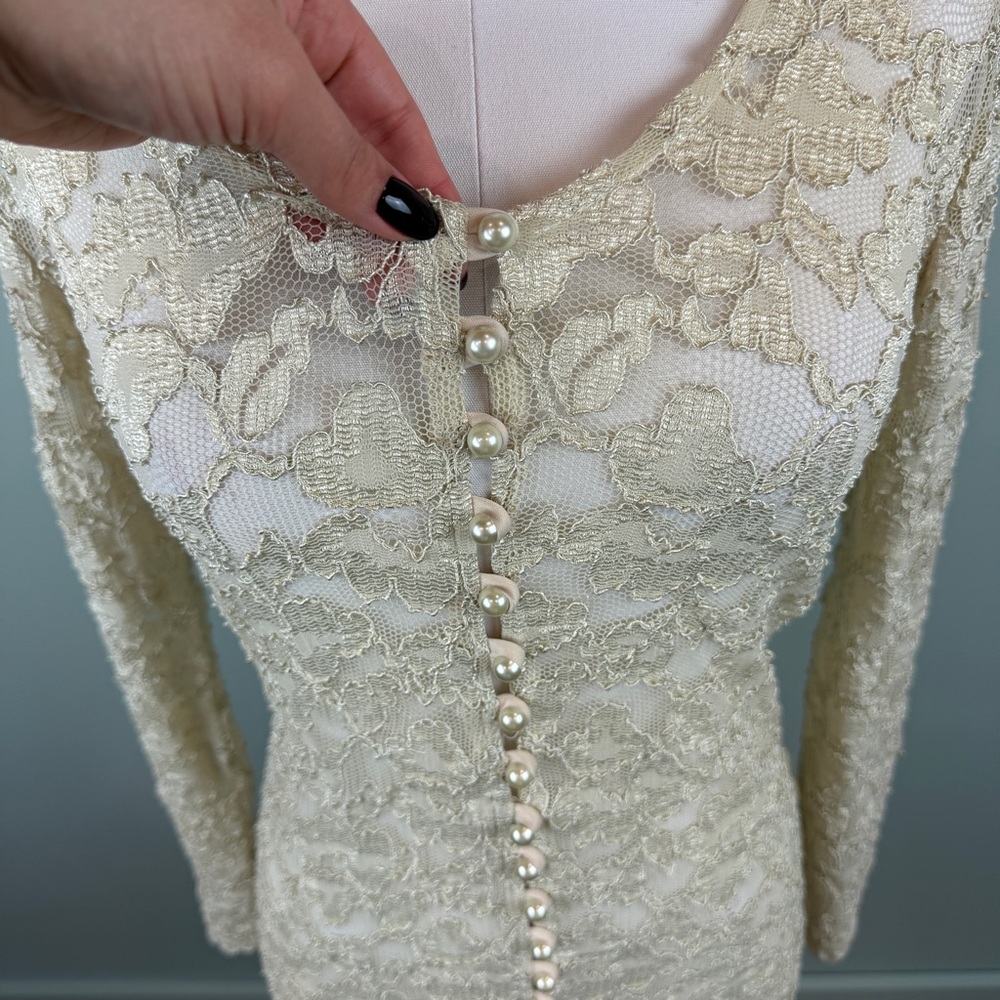 Vintage 90’s MICHI Cream Lace pearl buttons Long Sleeve Mini cocktail Dress Med - Picture 3 of 8